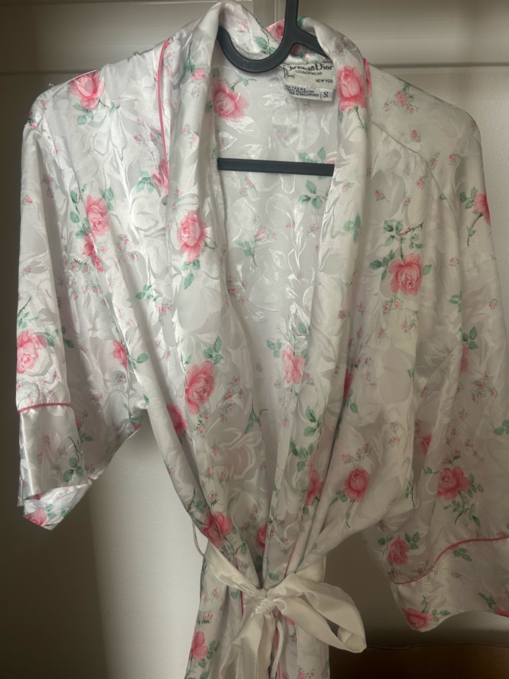 Dior Floral Satin Robe in White with Pink Roses